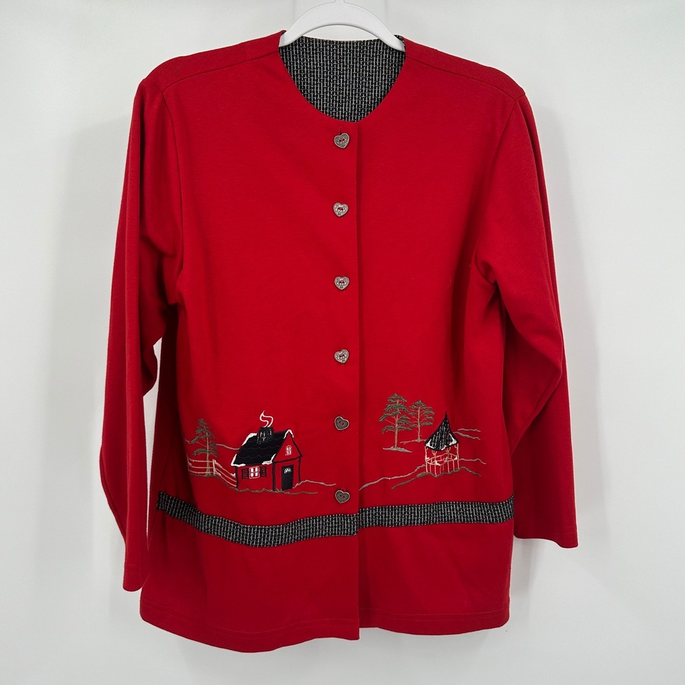 Womens Red Embroidered Cottage Scene Cardigan Size L Grandma Country‎ Chic